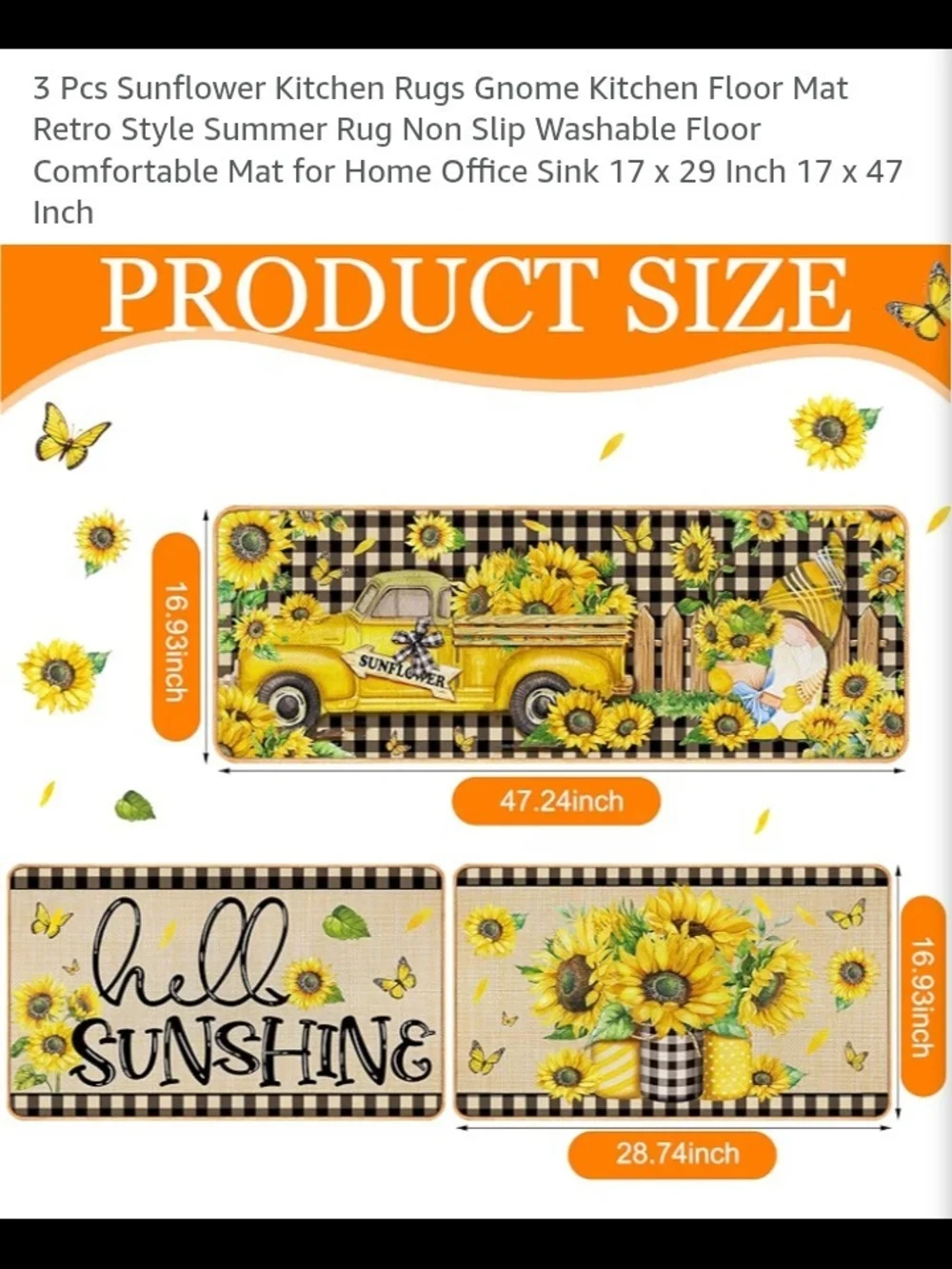 Sunflower Kitchen Rug Set - Yellow Sunflower Design